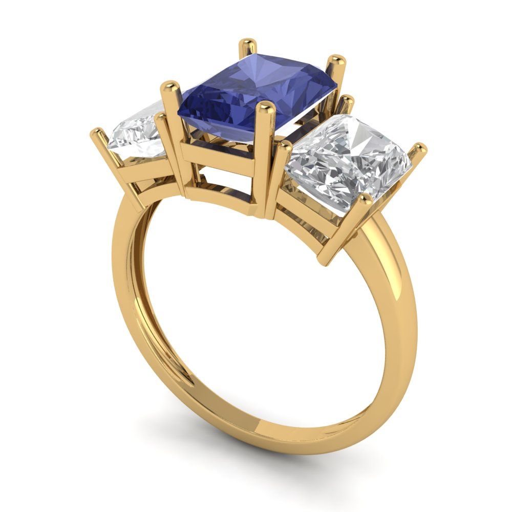 4 cttw Simulated Tanzanite Three-Stone Engagement Ring - Solid Gold (Emerald Cut,8x6mm)