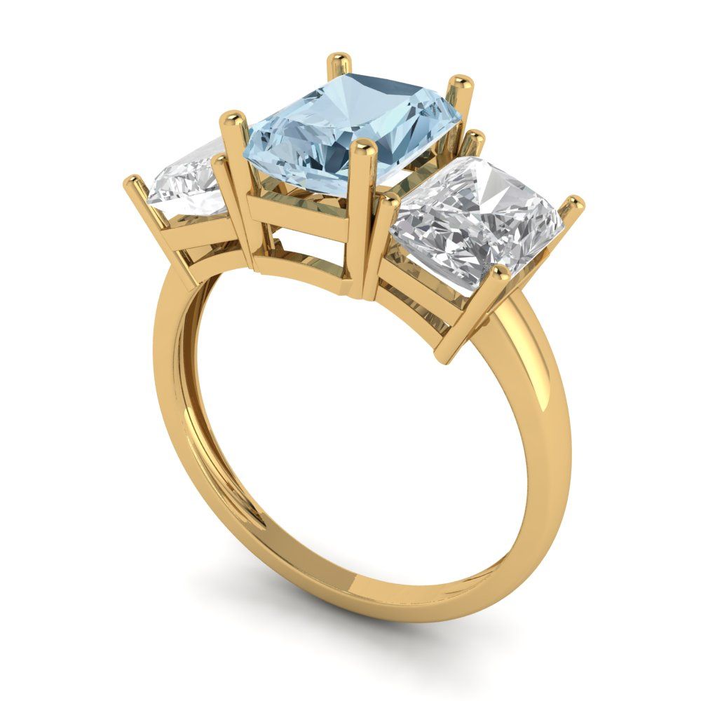 4 cttw Zirconia Simulated Blue Diamond Three-Stone Engagement Ring - Solid Yellow Gold (VVS1, Emerald Cut,8x6mm)