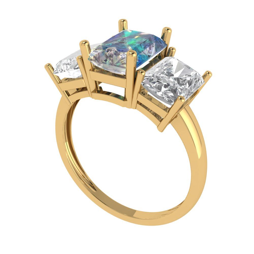 4 cttw Blue Moissanite Three-Stone Engagement Ring - Solid Gold (Emerald Cut,8x6mm)