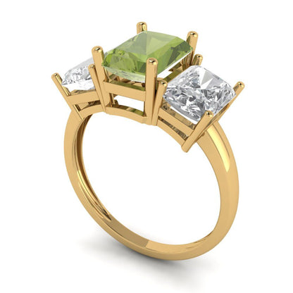 4 cttw Natural Peridot Three-Stone Engagement Ring - Solid Gold (Emerald Cut,8x6mm)
