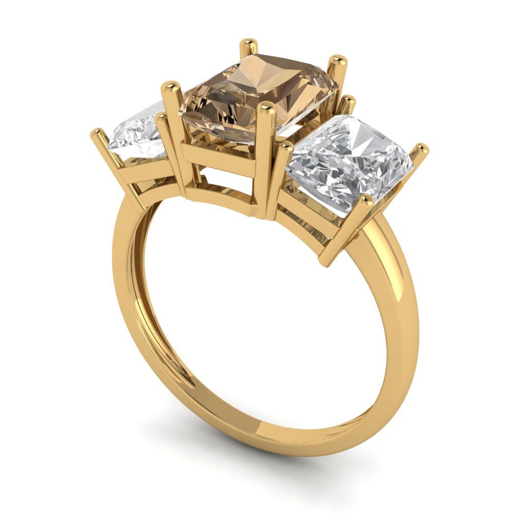 4 cttw Zirconia Simulated Champagne Diamond Three-Stone Engagement Ring - Solid Gold (VVS1, Emerald Cut,8x6mm)