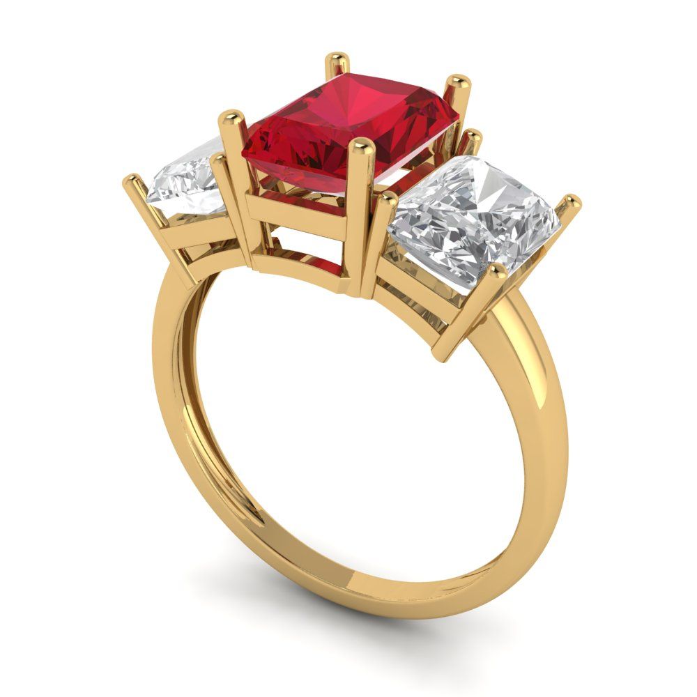 4 cttw Simulated Ruby Three-Stone Engagement Ring - Solid Yellow Gold (VVS1, Emerald Cut,8x6mm)