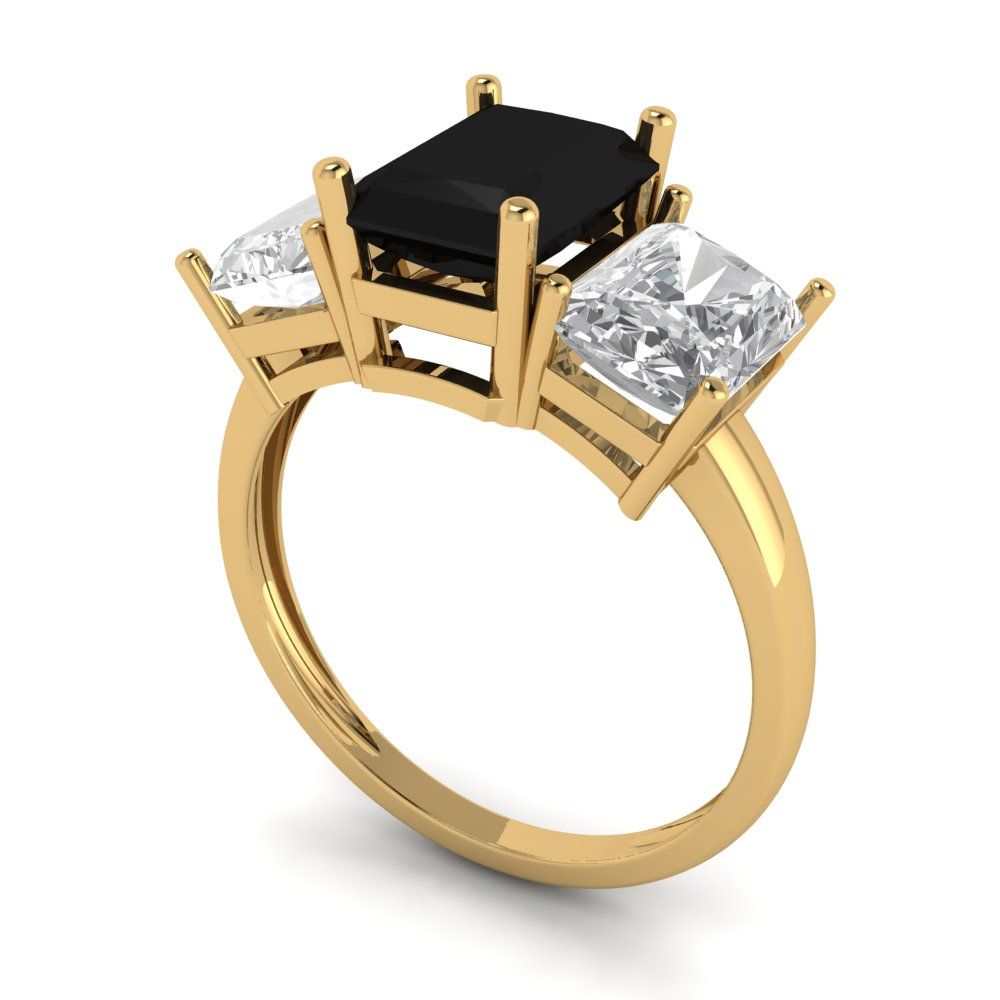 4 cttw Natural Onyx Three-Stone Engagement Ring - Solid Gold (Emerald Cut,8x6mm)