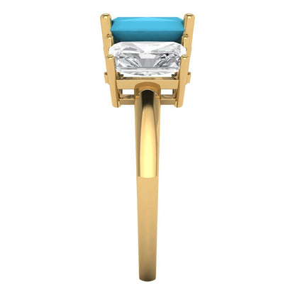 4 cttw Simulated Turquoise Three-Stone Engagement Ring - Solid Gold (Emerald Cut,8x6mm)