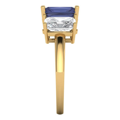 4 cttw Simulated Blue Sapphire Three-Stone Engagement Ring - Solid Gold (Emerald Cut,8x6mm)