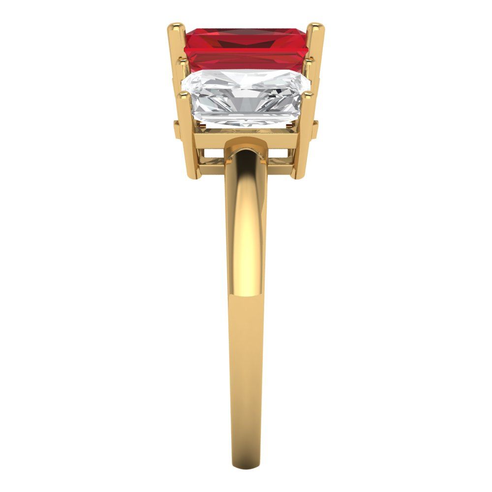 4 cttw Simulated Ruby Three-Stone Engagement Ring - Solid Yellow Gold (VVS1, Emerald Cut,8x6mm)