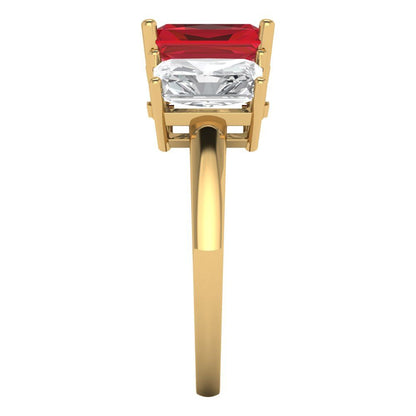 4 cttw Simulated Ruby Three-Stone Engagement Ring - Solid Yellow Gold (VVS1, Emerald Cut,8x6mm)