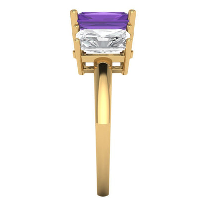 4 cttw Natural Amethyst Three-Stone Engagement Ring - Solid Gold (Emerald Cut,8x6mm)