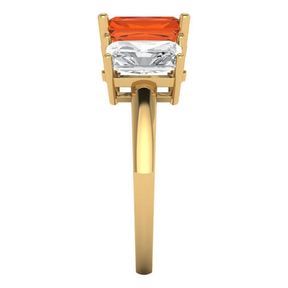 4 cttw Zirconia Simulated Red Diamond Three-Stone Engagement Ring - Solid Yellow Gold (VVS1, Emerald Cut,8x6mm)
