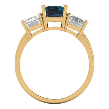 4 cttw Natural London Blue Topaz Three-Stone Engagement Ring - Solid Gold (Emerald Cut,8x6mm)