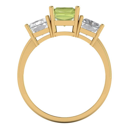 4 cttw Natural Peridot Three-Stone Engagement Ring - Solid Gold (Emerald Cut,8x6mm)