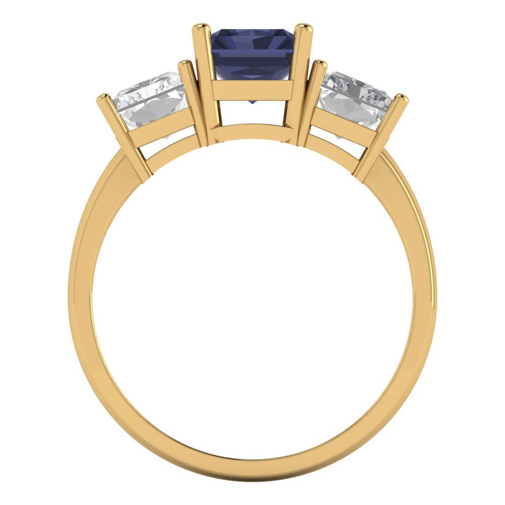 4 cttw Simulated Blue Sapphire Three-Stone Engagement Ring - Solid Gold (Emerald Cut,8x6mm)