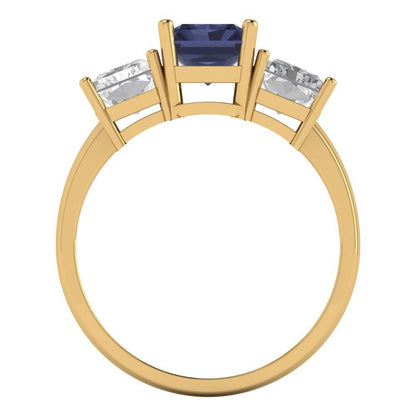 4 cttw Simulated Blue Sapphire Three-Stone Engagement Ring - Solid Gold (Emerald Cut,8x6mm)