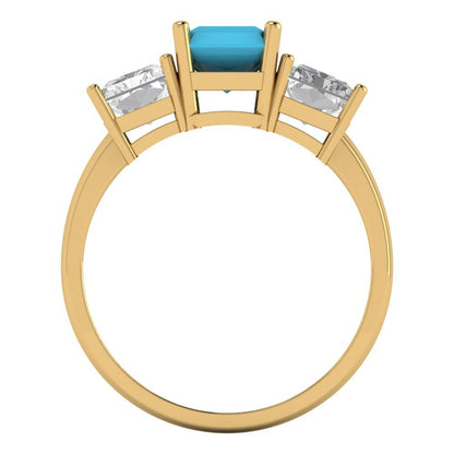 4 cttw Simulated Turquoise Three-Stone Engagement Ring - Solid Gold (Emerald Cut,8x6mm)