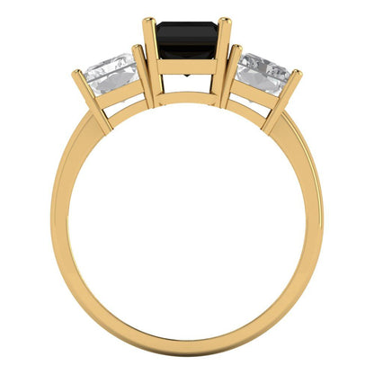 4 cttw Natural Onyx Three-Stone Engagement Ring - Solid Gold (Emerald Cut,8x6mm)
