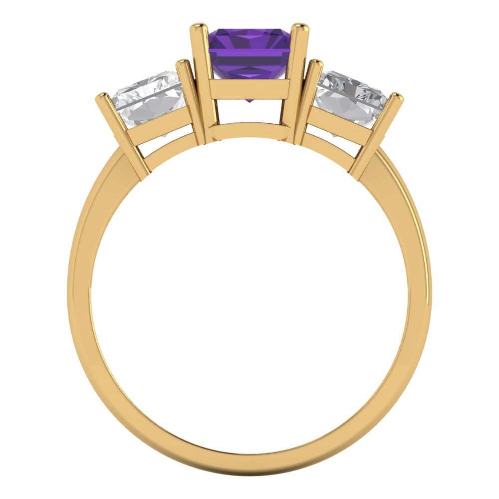 4 cttw Natural Amethyst Three-Stone Engagement Ring - Solid Gold (Emerald Cut,8x6mm)