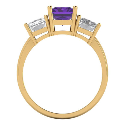 4 cttw Natural Amethyst Three-Stone Engagement Ring - Solid Gold (Emerald Cut,8x6mm)