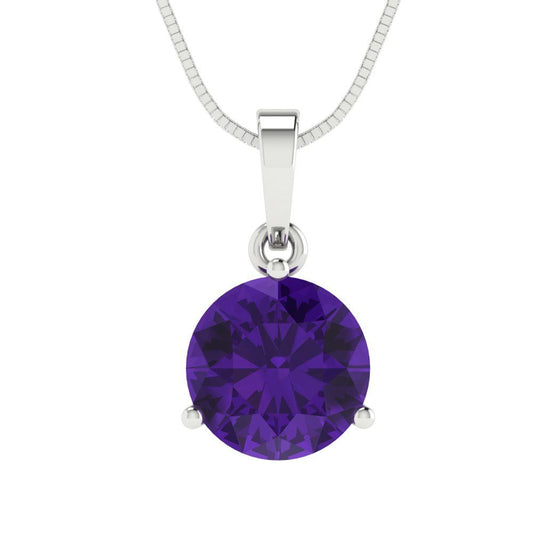 2 tcw Necklace Pendant - 14K White Gold Round Cut Solitaire  Amethyst - Adjustable Length - 15in Box Chain to 18in