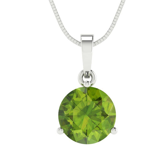 2 tcw Necklace Pendant - 14K White Gold Round Cut Solitaire  Peridot - Adjustable Length - 15in Box Chain to 18in