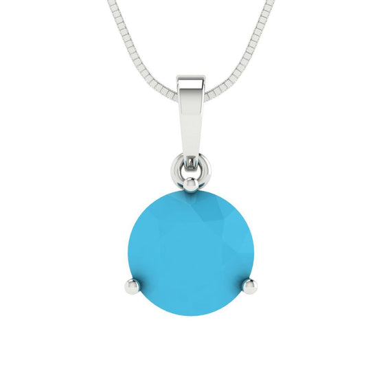 2 tcw Necklace Pendant - 14K White Gold Round Cut Solitaire  Turquoise - Adjustable Length - 15in Box Chain to 18in