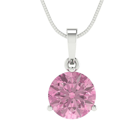 2 tcw Necklace Pendant - 14K White Gold Round Cut Solitaire  Pink - Adjustable Length - 15in Box Chain to 18in
