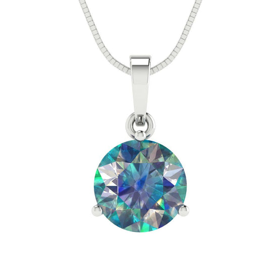 2 tcw Necklace Pendant - 14K White Gold Round Cut Solitaire  Blue Moissanite - Adjustable Length - 15in Box Chain to 18in