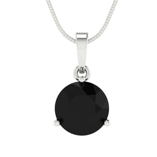 2 tcw Necklace Pendant - 14K White Gold Round Cut Solitaire  Onyx - Adjustable Length - 15in Box Chain to 18in