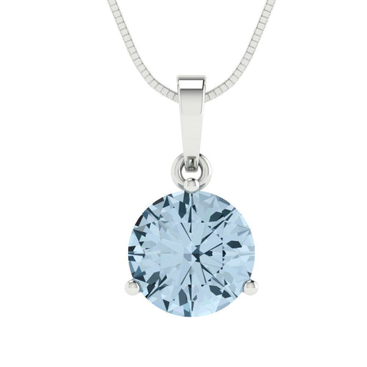 2 tcw Necklace Pendant - 14K White Gold Round Cut Solitaire  Aquamarine - Adjustable Length - 15in Box Chain to 18in