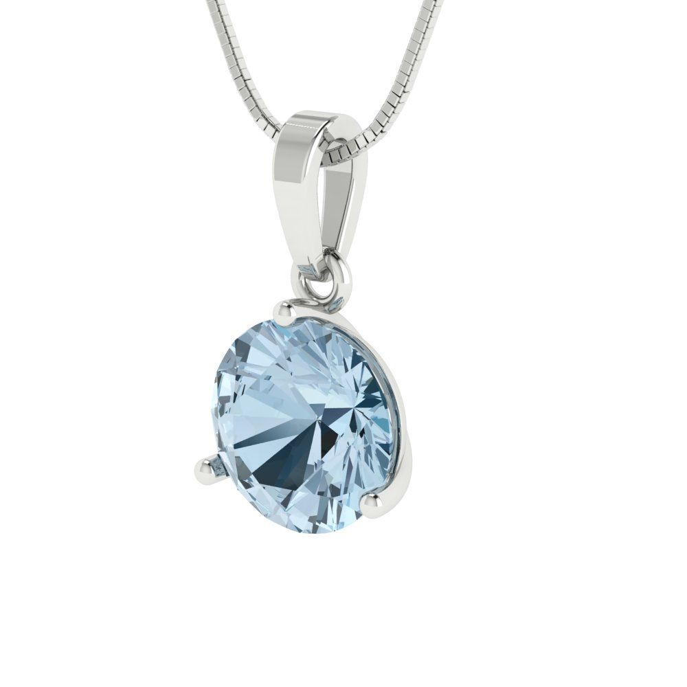 2 tcw Necklace Pendant - 14K White Gold Round Cut Solitaire  Aquamarine - Adjustable Length - 15in Box Chain to 18in