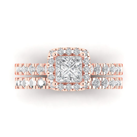1.56 cttw Princess Cut Zirconia Simulated Diamond Bridal Set - Solid Rose Gold Engagement Ring & Wedding Band