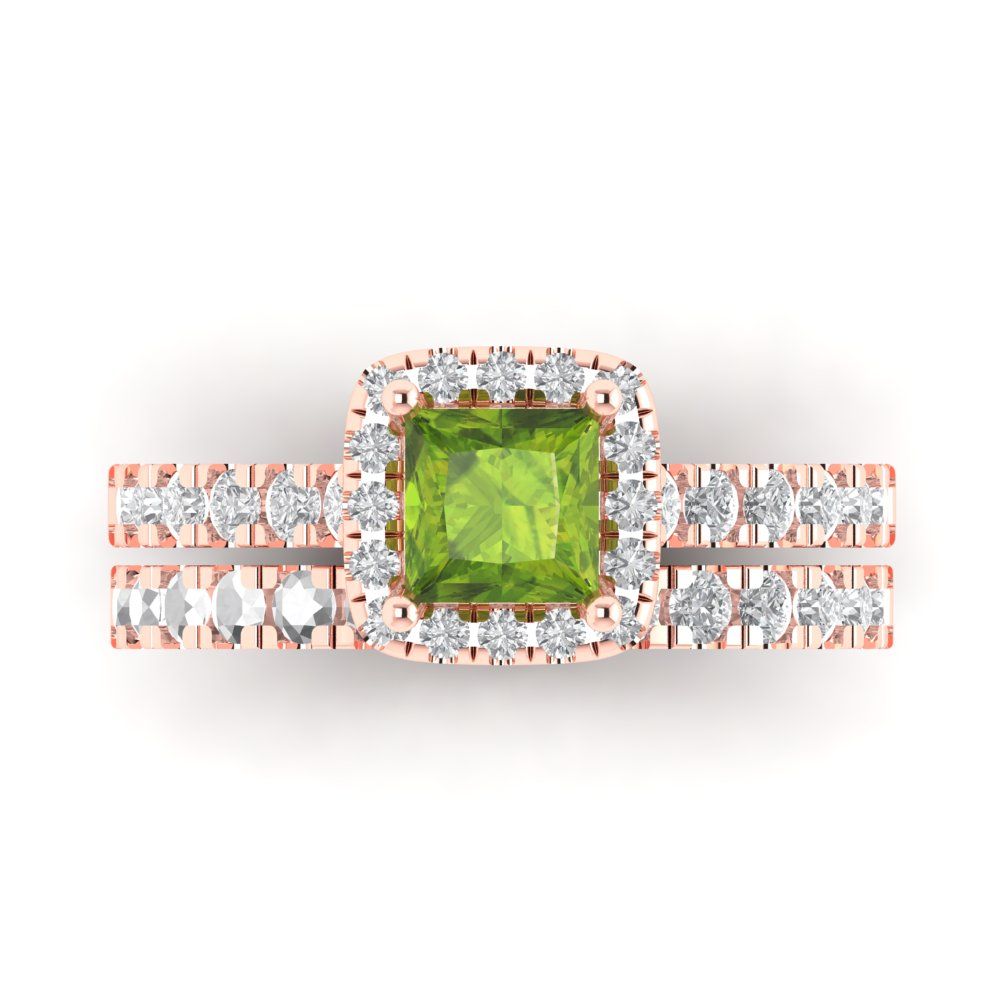 1.56 cttw Princess Cut Natural Peridot Bridal Set - Solid Rose Gold Engagement Ring & Wedding Band