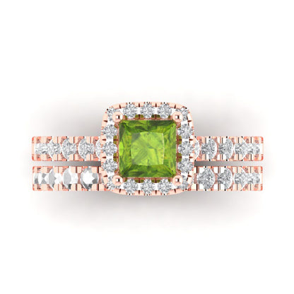 1.56 cttw Princess Cut Natural Peridot Bridal Set - Solid Rose Gold Engagement Ring & Wedding Band