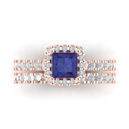 1.56 cttw Princess Cut Simulated Tanzanite Bridal Set - Solid Rose Gold Engagement Ring & Wedding Band