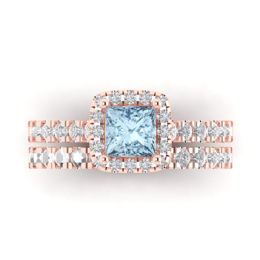 1.56 cttw Princess Cut Natural Aquamarine Bridal Set - Solid Rose Gold Engagement Ring & Wedding Band