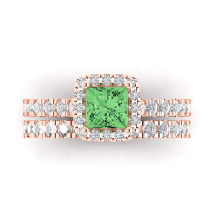 1.56 cttw Princess Cut Simulated Green Diamond Bridal Set - Solid Rose Gold Engagement Ring & Wedding Band
