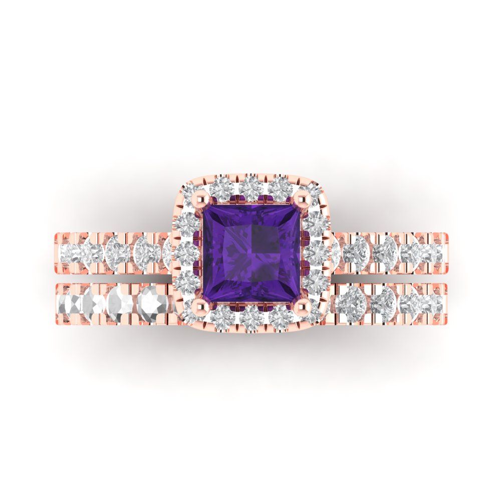1.56 cttw Princess Cut Natural Amethyst Bridal Set - Solid Rose Gold Engagement Ring & Wedding Band