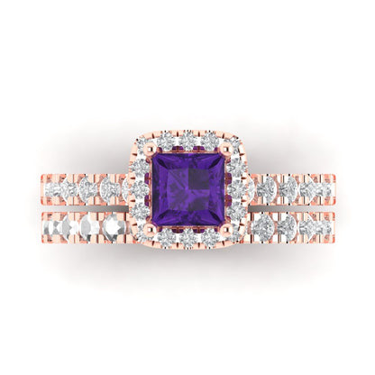 1.56 cttw Princess Cut Natural Amethyst Bridal Set - Solid Rose Gold Engagement Ring & Wedding Band