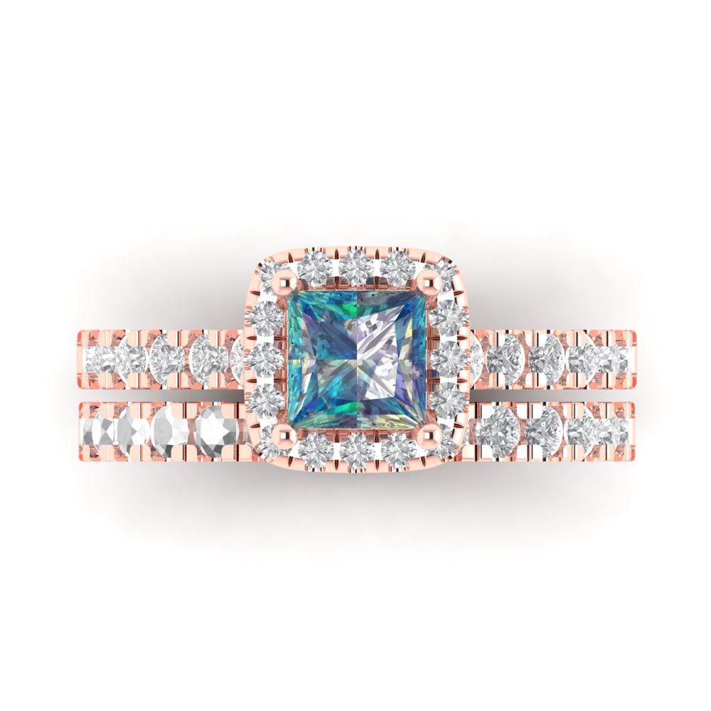 1.56 cttw Princess Cut Blue Moissanite Bridal Set - Solid Rose Gold Engagement Ring & Wedding Band