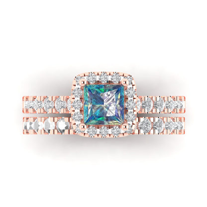1.56 cttw Princess Cut Blue Moissanite Bridal Set - Solid Rose Gold Engagement Ring & Wedding Band