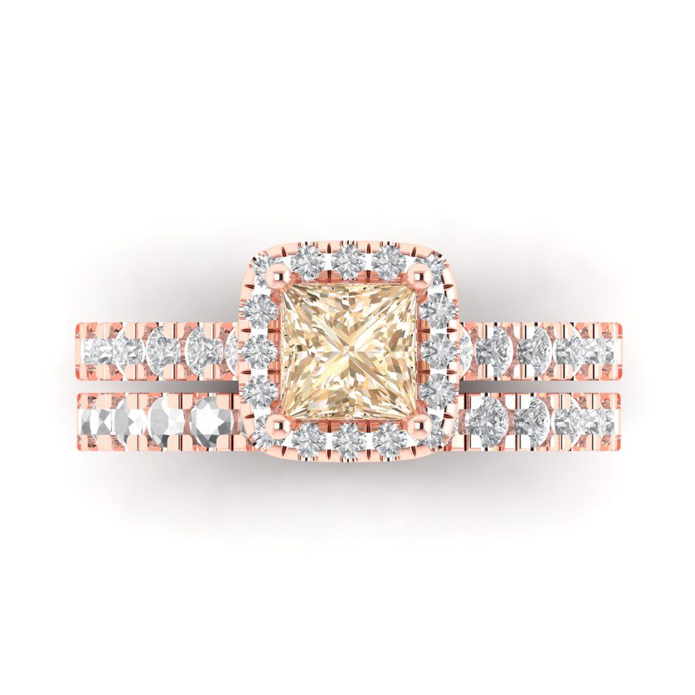 1.56 cttw Princess Cut Natural Morganite Bridal Set - Solid Rose Gold Engagement Ring & Wedding Band