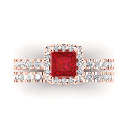 1.56 cttw Princess Cut Simulated Ruby Bridal Set - Solid Rose Gold Engagement Ring & Wedding Band