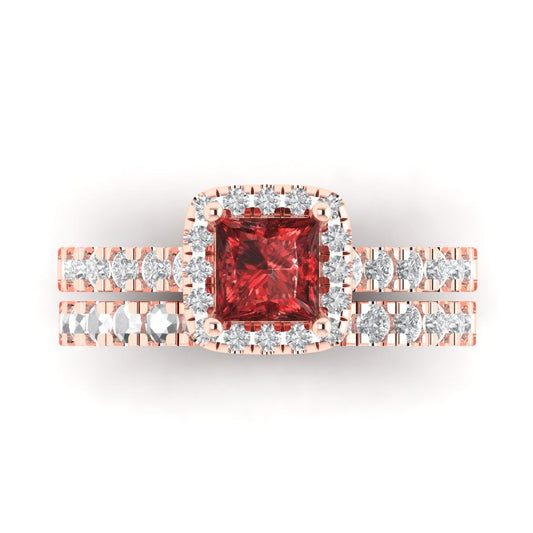 1.56 cttw Princess Cut Natural Garnet Bridal Set - Solid Rose Gold Engagement Ring & Wedding Band