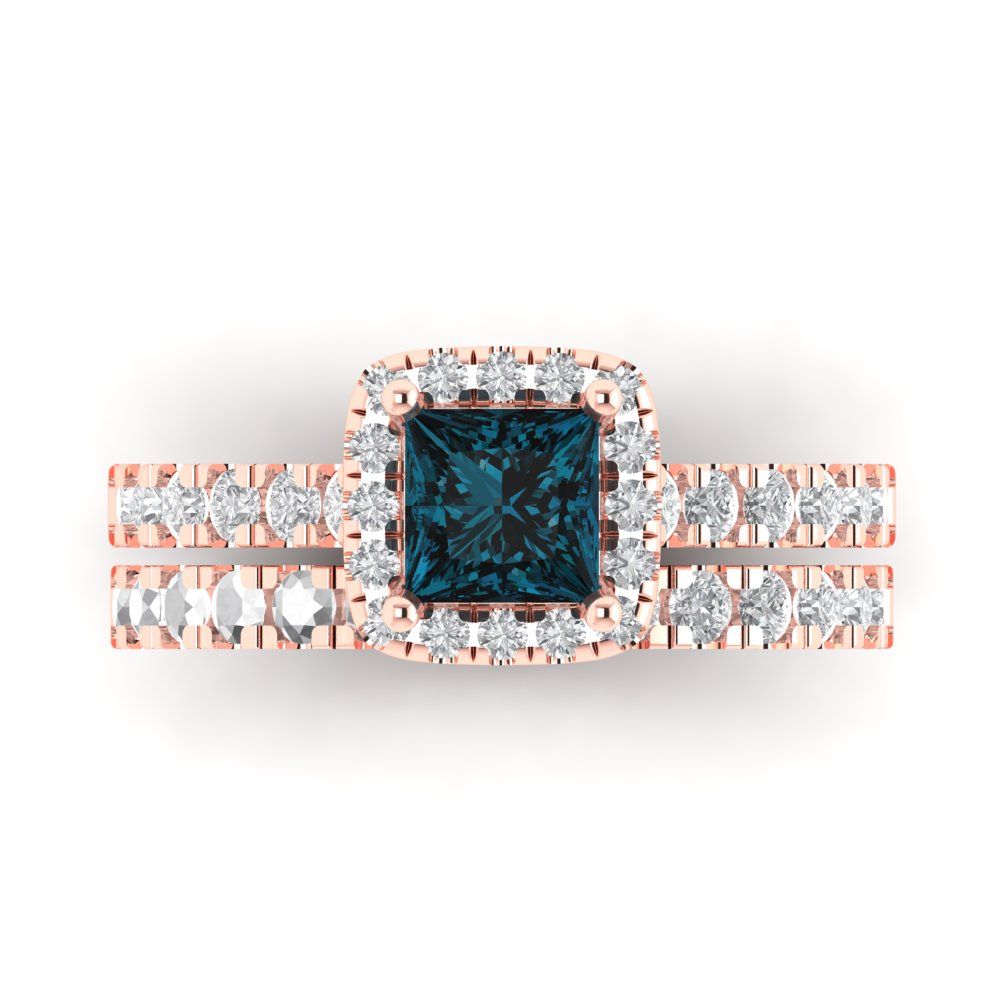 1.56 cttw Princess Cut Natural London Blue Topaz Bridal Set - Solid Rose Gold Engagement Ring & Wedding Band