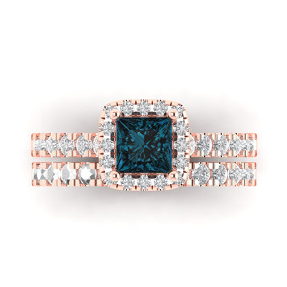 1.56 cttw Princess Cut Natural London Blue Topaz Bridal Set - Solid Rose Gold Engagement Ring & Wedding Band