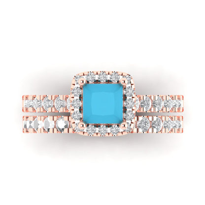 1.56 cttw Princess Cut Simulated Turquoise Bridal Set - Solid Rose Gold Engagement Ring & Wedding Band