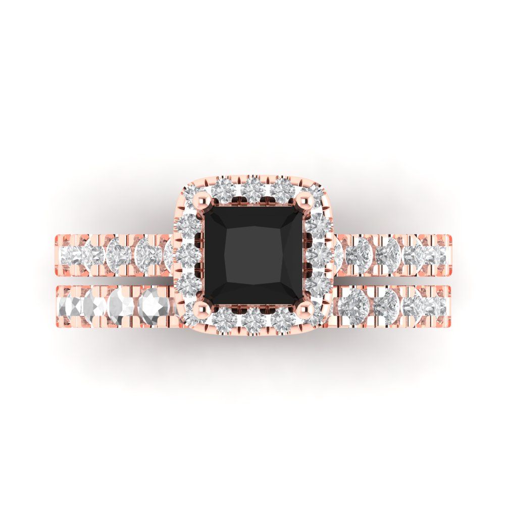 1.56 cttw Princess Cut Natural Onyx Bridal Set - Solid Rose Gold Engagement Ring & Wedding Band