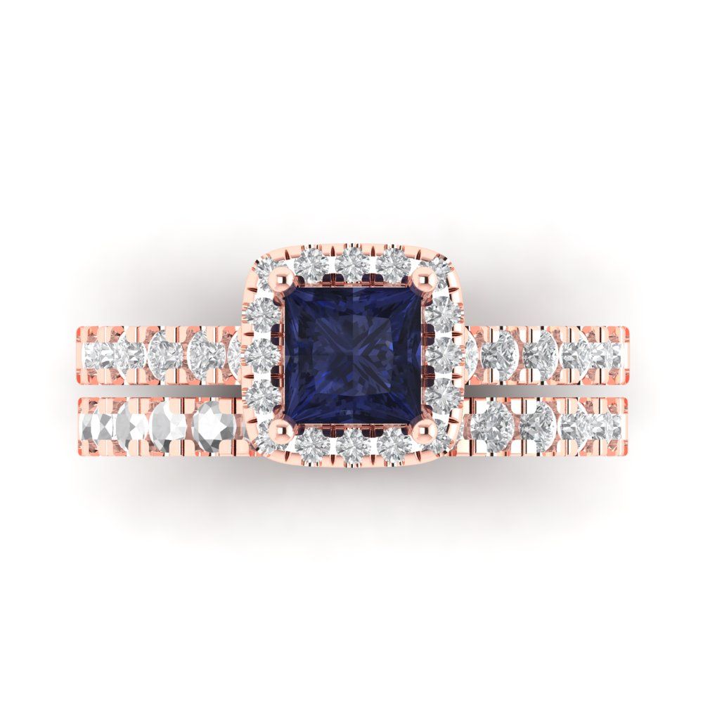 1.56 cttw Princess Cut Simulated Blue Sapphire Bridal Set - Solid Rose Gold Engagement Ring & Wedding Band