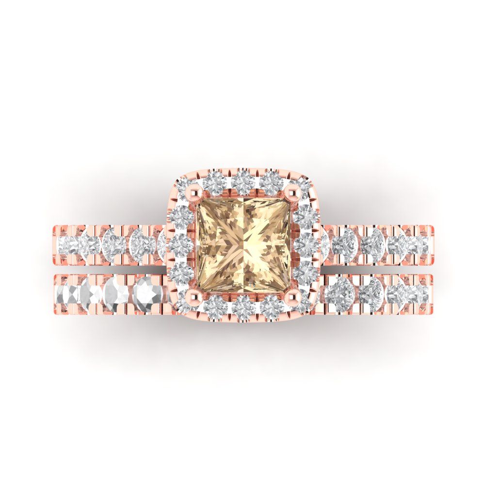1.56 cttw Princess Cut Yellow Moissanite Bridal Set - Solid Rose Gold Engagement Ring & Wedding Band