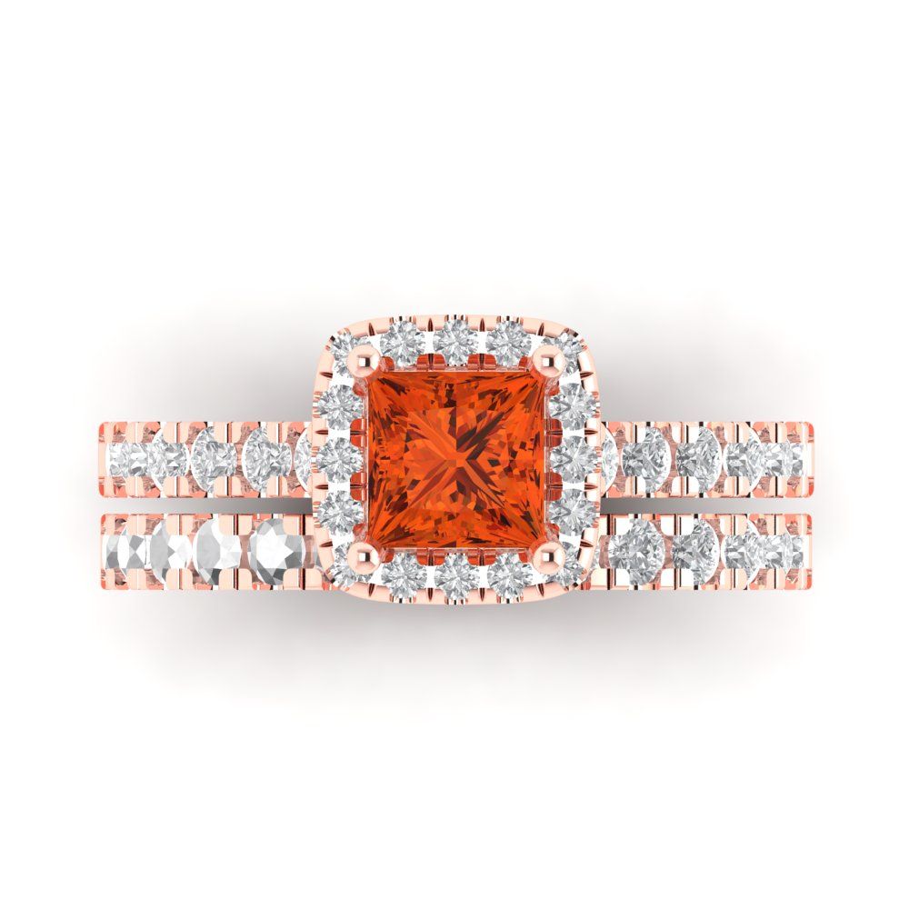 1.56 cttw Princess Cut Simulated Red Diamond Bridal Set - Solid Rose Gold Engagement Ring & Wedding Band