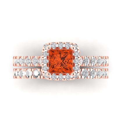 1.56 cttw Princess Cut Simulated Red Diamond Bridal Set - Solid Rose Gold Engagement Ring & Wedding Band